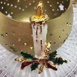 Enamel Christmas Holiday Candle Holly Brooch Pin White Green Gold Flame.